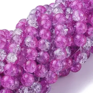 Two Tone Magenta & Light Blue Crackle Glass Round Beads Strands