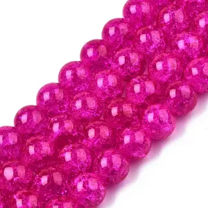 1Strand Fuchsia Transparent Crackle Glass Round Beads Strands