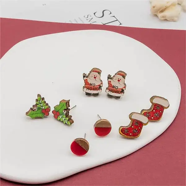 4 Pairs Santa Claus & Holly Leaves & Christmas Socking Printed Wood Stud Earrings