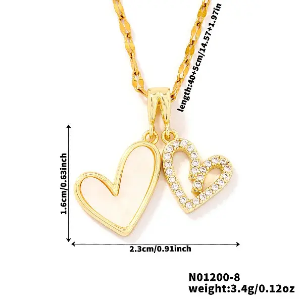 Shiny Brass Clear Cubic Zirconia Double Heart Pendant Dapped Chain Necklaces for Women