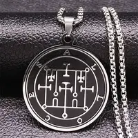 201 Stainless Steel Black Enamel Flat Round Sigil Pendant Necklaces