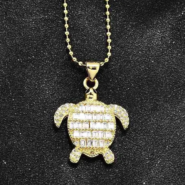 Summer Beach Brass Pave Cubic Zirconia Turtle Pendant Necklaces for Women