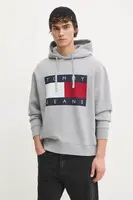 Mikina Tommy Jeans pánská, šedá barva, s kapucí, s potiskem, DM0DM21174