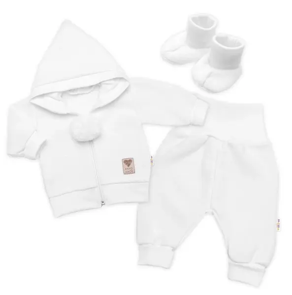 3-dielna súprava Hand made, pletený kabátik, kalhoty a topánočky, biela