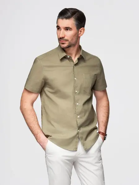 Ombre Men's short sleeve cotton and linen shirt with pocket - olive