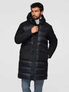 Ombre Men's long quilted jacket with large pockets - black