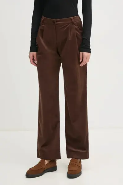 Velurové kalhoty La Petite Française hnědá barva, high waist, PFPRALINE