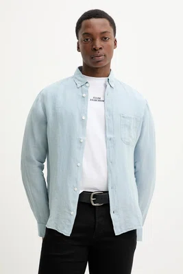 Lněná košile HUGO modrá barva, regular, s límečkem button-down, 50514162