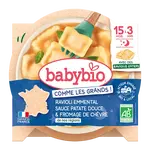 BABYBIO celé ravioli s ementálom, pyré zo sladkých zemiakov a francúzsky kozí syr