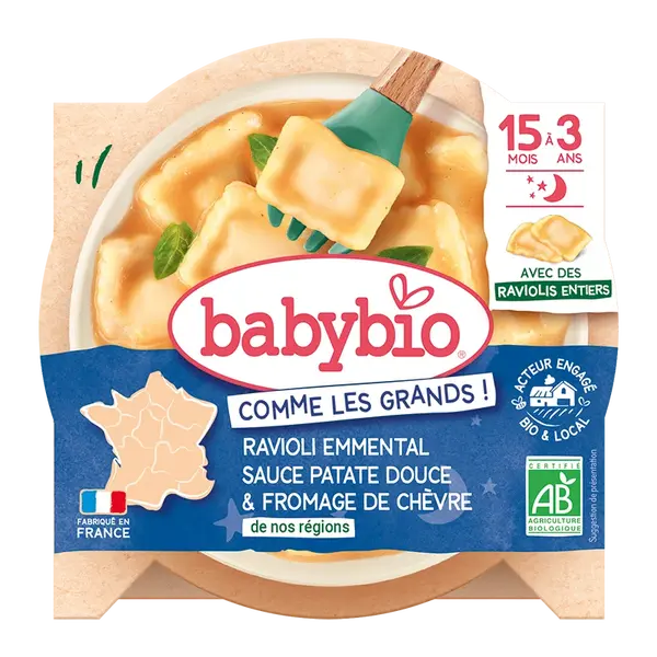 BABYBIO celé ravioli s ementálom, pyré zo sladkých zemiakov a francúzsky kozí syr