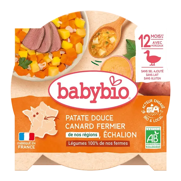 BABYBIO sladké zemiaky s kačacím mäsom z voľného chovu, šalotkou Echalion a štipkou rozmarínu