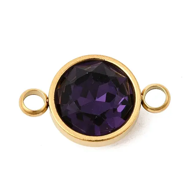 304 Stainless Steel with Faceted K9 Glass Birth Stone Flat Round Links Connector Charms