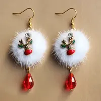 Pompon with Teardrop Alloy Rhinestone Dangle Earrings
