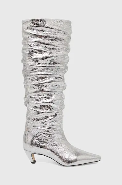 Kožené kozačky MSGM dámské, stříbrná barva, na podpatku, 3741MDS710 905