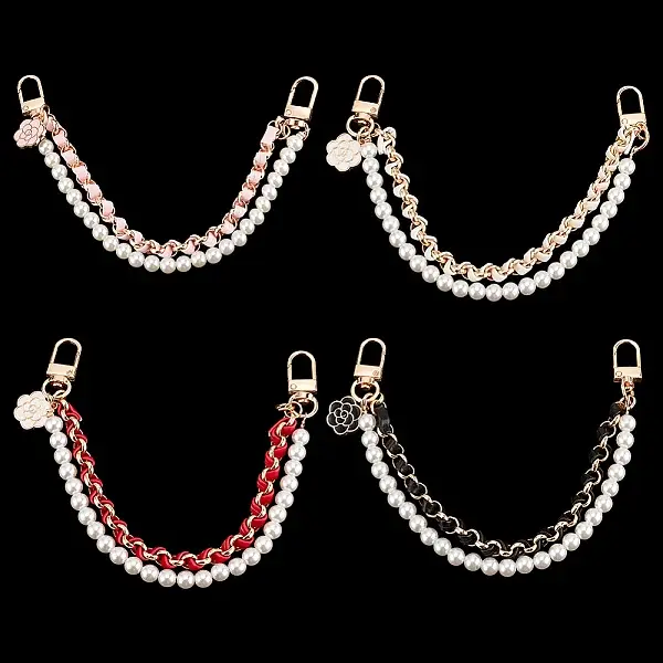 4Pcs 4 Colors Plastic Pearl Beaded & PU Leather Chain Mobile Straps