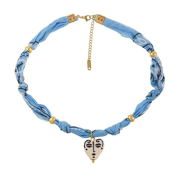 Brass Glass Pendant Printed Cloth Cord Necklaces for Women