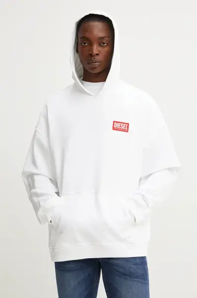 Bavlněná mikina Diesel S-BOXT-HOOD-LAB pánská, bílá barva, s kapucí, s aplikací, A14949.0ILAC