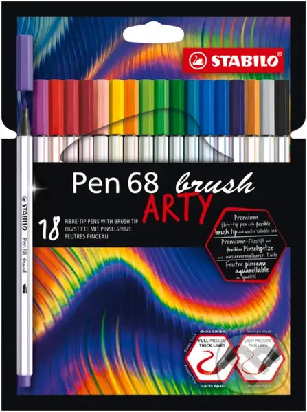 STABILO Pen 68 brush - ARTY - balenie 18 ks (Prémiový vláknový fix s hrotom štetca pre rôzne šírky čiary)