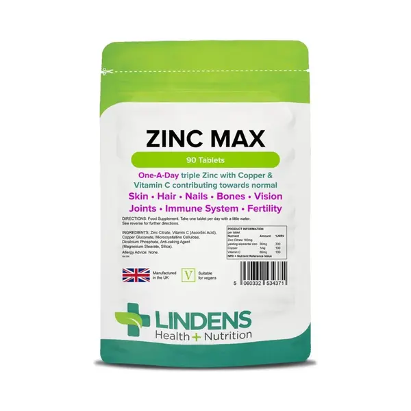 LINDENS Health + Nutrition Zinok Max (+Meď & Vitamín C), 90 tabliet