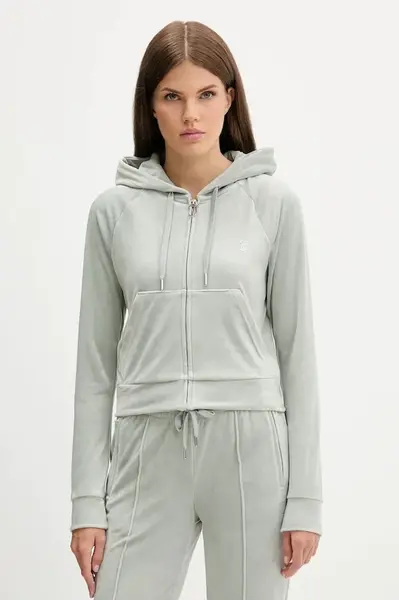 Velurová mikina Juicy Couture dámská, šedá barva, s kapucí, hladká, JCWAS225306