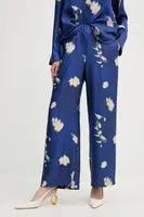 Hedvábné kalhoty MM HELGA dámské, modrá barva, široké, high waist, 2526136037600