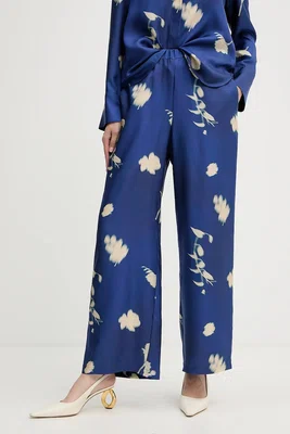 Hedvábné kalhoty MM HELGA dámské, modrá barva, široké, high waist, 2526136037600