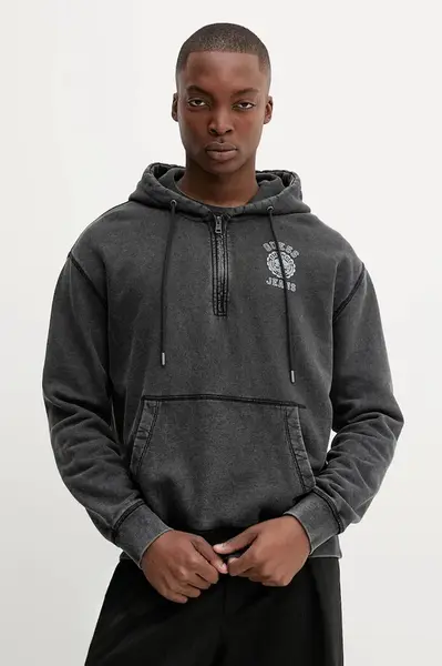 Bavlněná mikina Guess Jeans pánská, šedá barva, s kapucí, s potiskem, M5YQ14 KCPR1