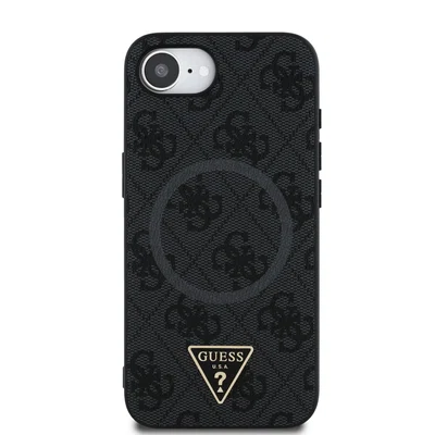Zadní kryt Guess PU 4G Strass Triangle Metal Logo pro Apple iPhone 16e, černá