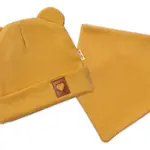 Baby Nellys Žebrovaná dvouvrstvá čepice s oušky + šátek, hořčicová, 68/74