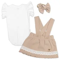 Baby Nellys 3D sada LADY,  body kr. rukáv, suknička s láclem, čelenka, béžová/bílá, 74