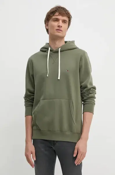 Mikina Tommy Hilfiger pánská, zelená barva, s kapucí, hladká, MW0MW37230