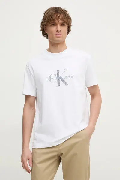 Bavlněné tričko Calvin Klein Jeans béžová barva, s potiskem, J30J327086