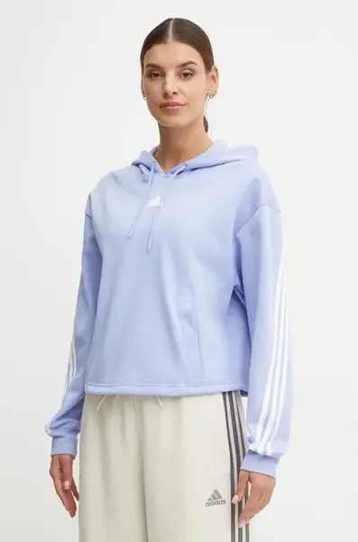 Mikina adidas Future Icons dámská, modrá barva, s kapucí, s aplikací, IW5195