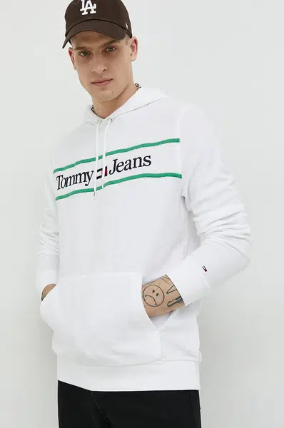 Mikina Tommy Jeans pánská, bílá barva, s kapucí, s aplikací