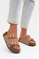 Dámske korkové šľapky so zlatými prackami