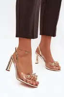 Transparentné sandále na podpätku s ozdobami