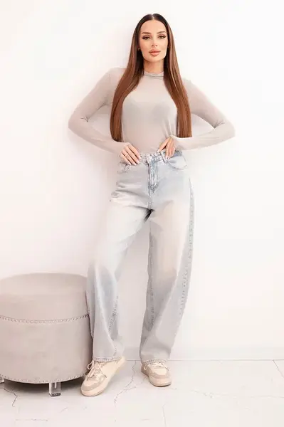 Kesi Włoski Dámska kašmírová blúzka s jemným golierom a dlhým rukávom tmavo béžová