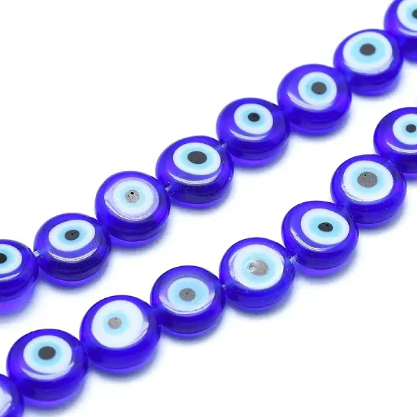 Handmade Evil Eye Lampwork Flat Round Bead Strands