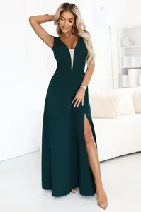 648-1 A fashionable, figure-flattering maxi dress with a leg slit - bottle green