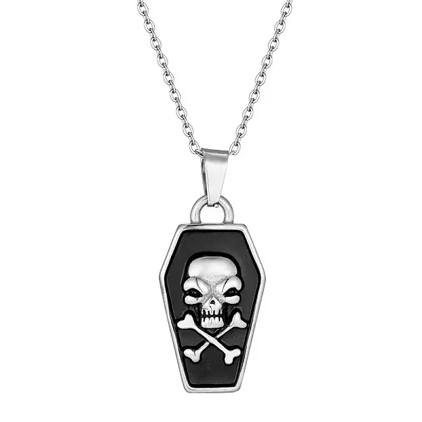Halloween Theme 304 Stainless Steel Black Enamel Coffin with Skull Pendant Necklaces for Men