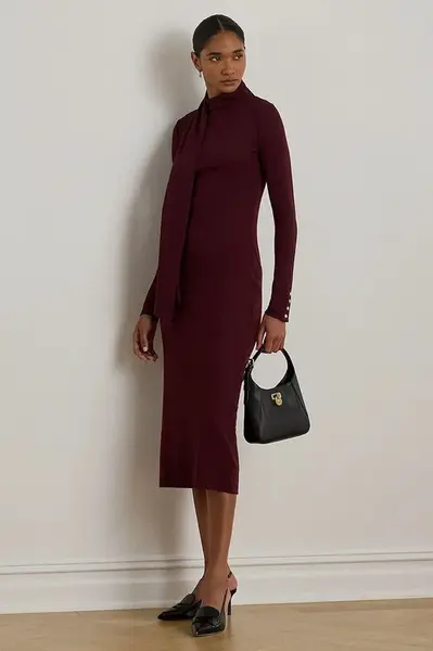 Šaty Lauren Ralph Lauren vínová barva, midi, přiléhavé, 200P03733