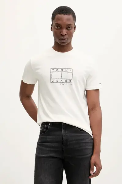 Bavlněné tričko Tommy Jeans pánské, béžová barva, DM0DM22317