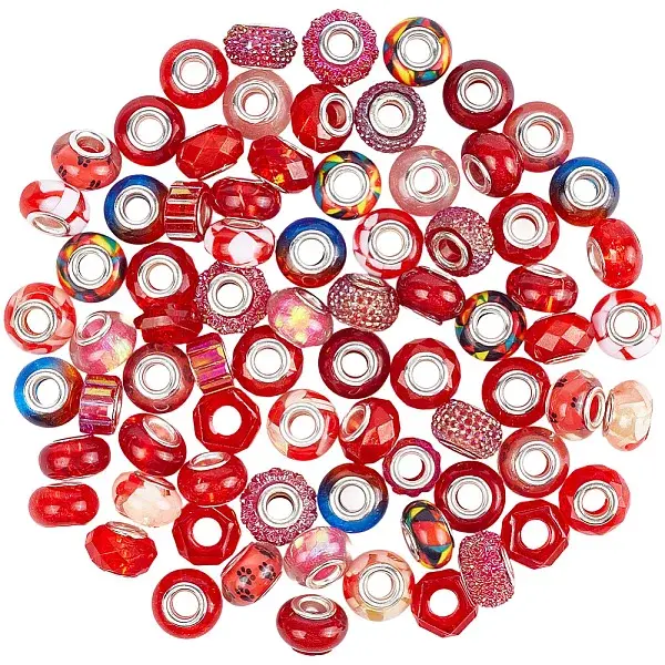 90Pcs 15 Styles Red Series Transparent Resin European Beads