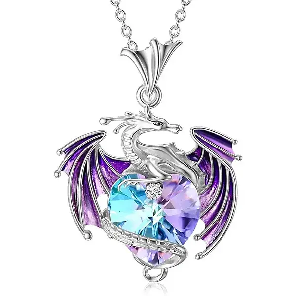 Alloy Rhinestone Dragon Holding Heart Pendant Necklaces with Enamel