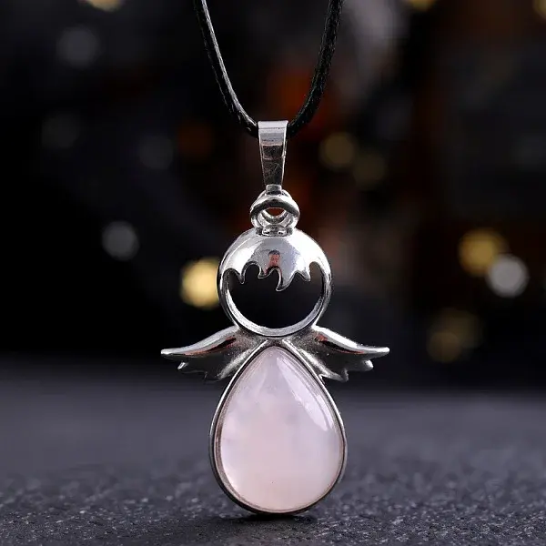 Angel Wings Natural Strawberry Quartz Teardropt Pendant Necklaces