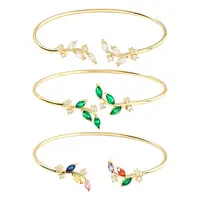 3Pcs 3 Colors Elegant Brass Cubic Zirconia Leaf Cuff Bangles for Women