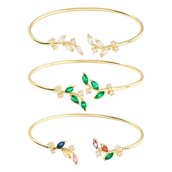 3Pcs 3 Colors Elegant Brass Cubic Zirconia Leaf Cuff Bangles for Women