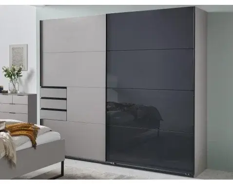 Šatníková skriňa so zásuvkami Tilburg, 225 cm, šedá sahara/čierne sklo%