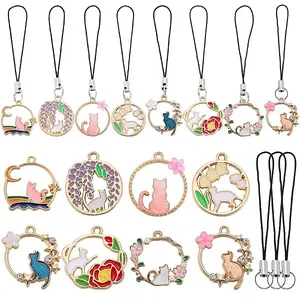 DIY Cat & Flower Alloy Enamel Pendants Mobile Straps Making Kit