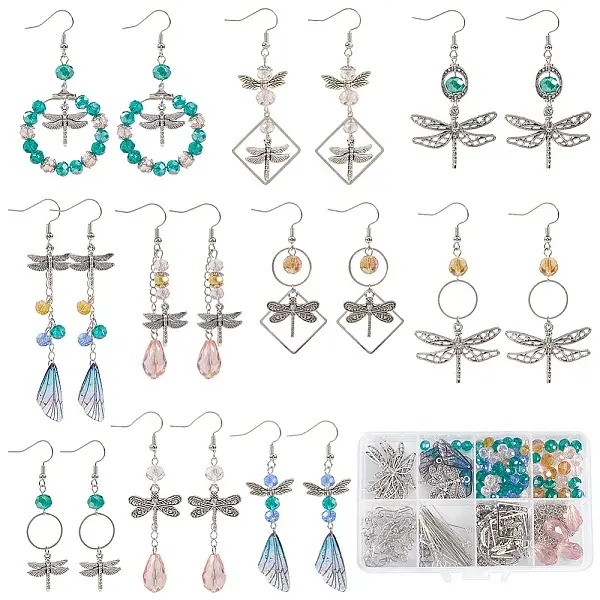 DIY Dragonfly Alloy & Glass Dangle Earring Making Kits